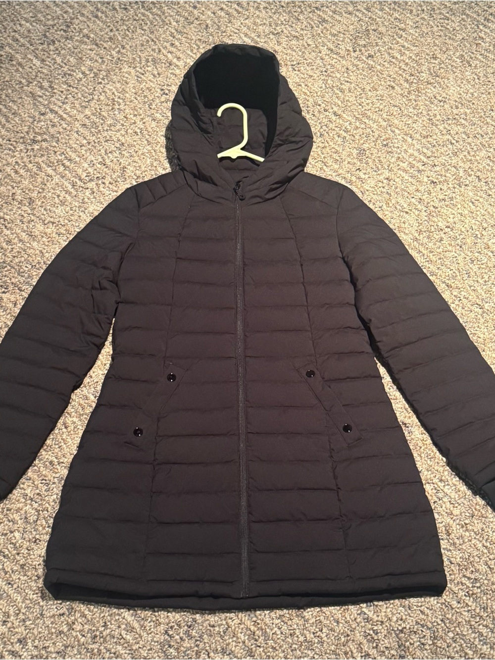 Stoic Women's Black Hooded Quilted Puffer Coat, Longer Jacket covers the booty